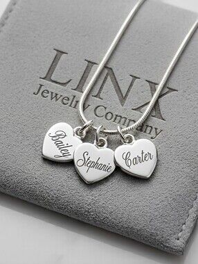20in Sterling Silver Snake Chain Necklace With Personalized Name Heart Charms